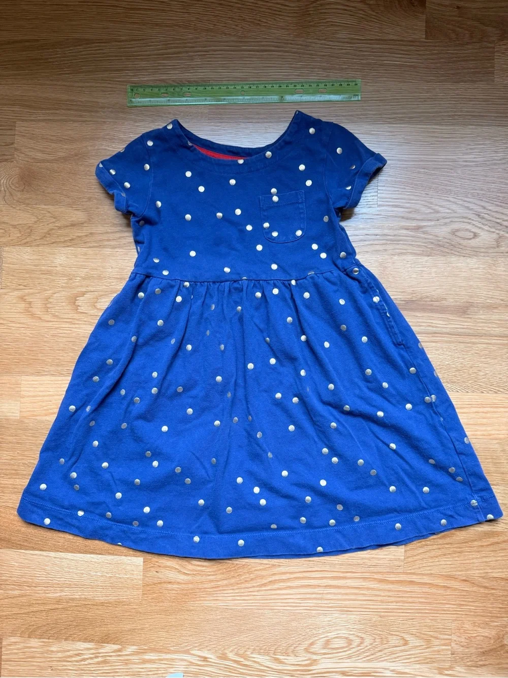 MiniBoden Girls' Blue dress with gold Polka Dot dress (size 5-6 years)